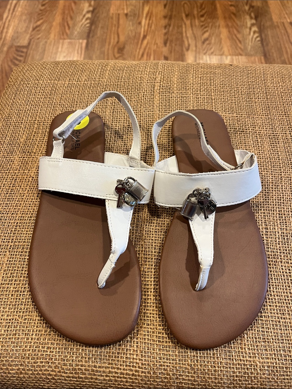 Michael Kors White Leather Thong Sandals with Brown Footbed